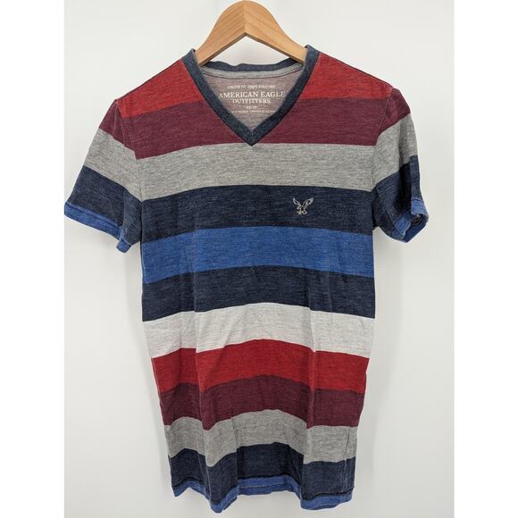 American Eagle Outfitters Men’s V-Neck Striped Tee XS Athletic Fit Gray Blue Red - Picture 1 of 5